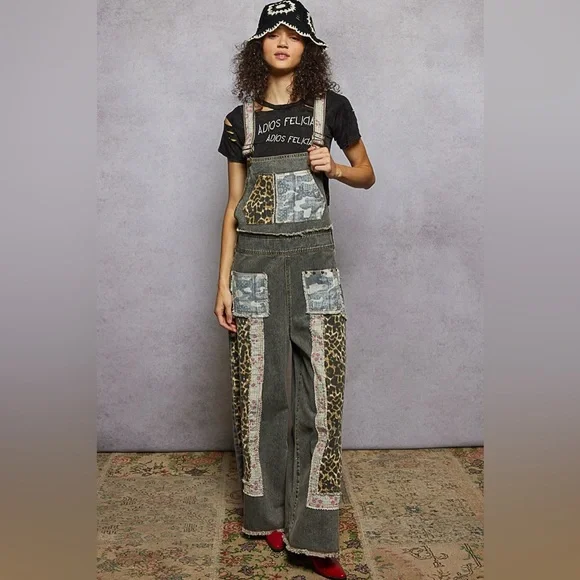 POL Patchwork Leopard Print Floral Camo Patch Boho Overalls - Picture 10 of 16
